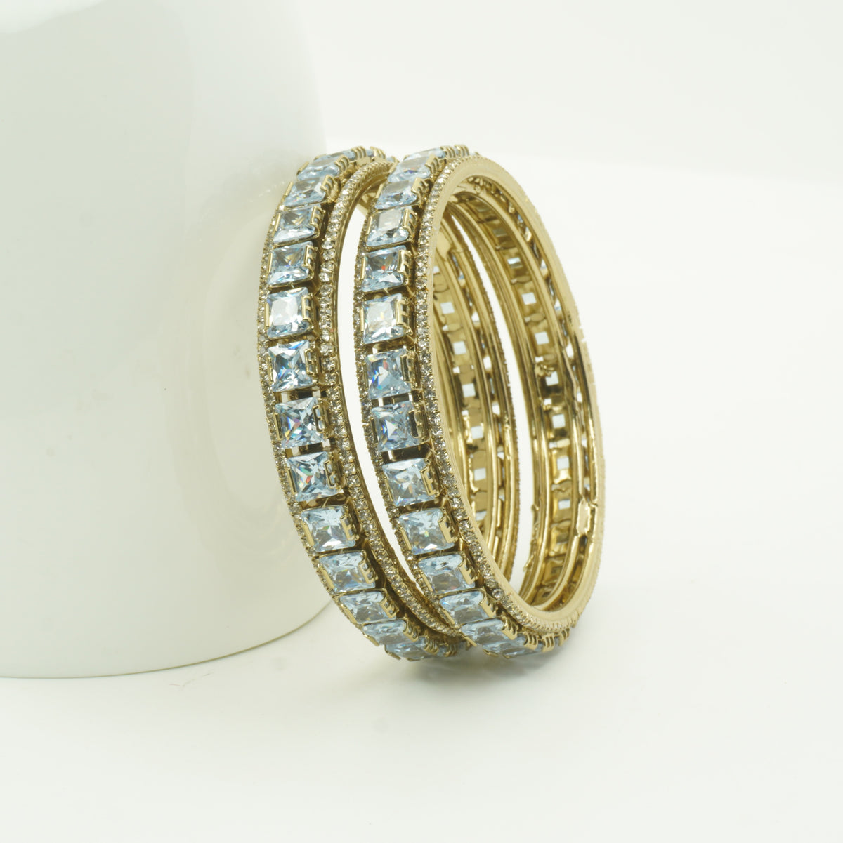 Mehandi Gold Plated Aqua Blue Square Stone Bangles – Set of 2 | Royal Party & Wedding Wear Bangles for Women