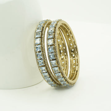 Mehandi Gold Plated Aqua Blue Square Stone Bangles – Set of 2 | Royal Party & Wedding Wear Bangles for Women