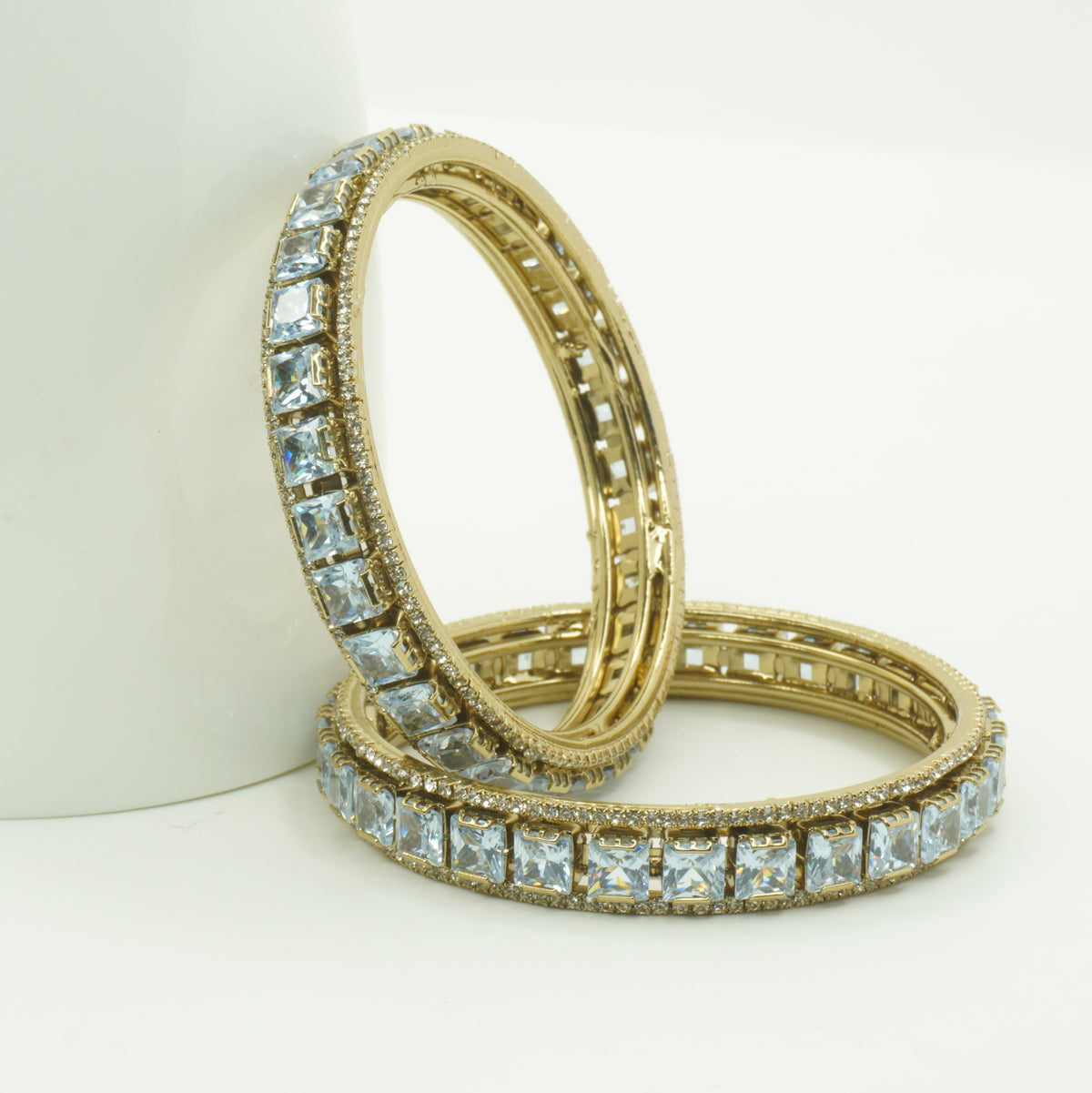 Mehandi Gold Plated Aqua Blue Square Stone Bangles – Set of 2 | Royal Party & Wedding Wear Bangles for Women