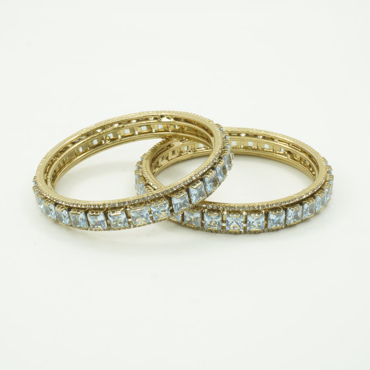 Mehandi Gold Plated Aqua Blue Square Stone Bangles – Set of 2 | Royal Party & Wedding Wear Bangles for Women