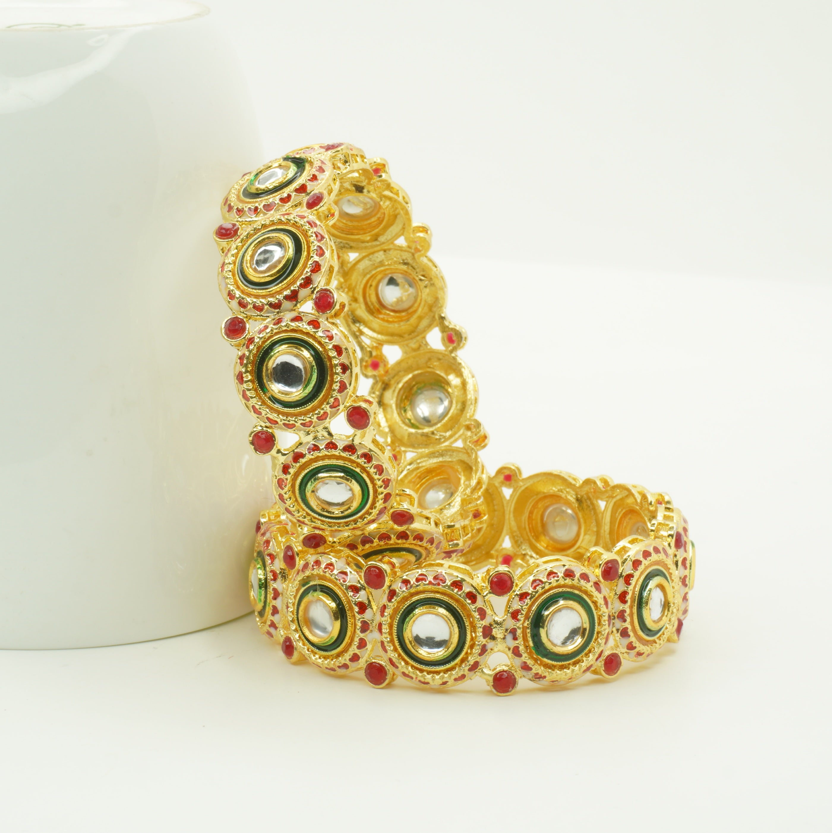 Premium Gold Plated Kundan Mirror Bangles Pair for Women Wedding Bridal Ethnic Party Wear