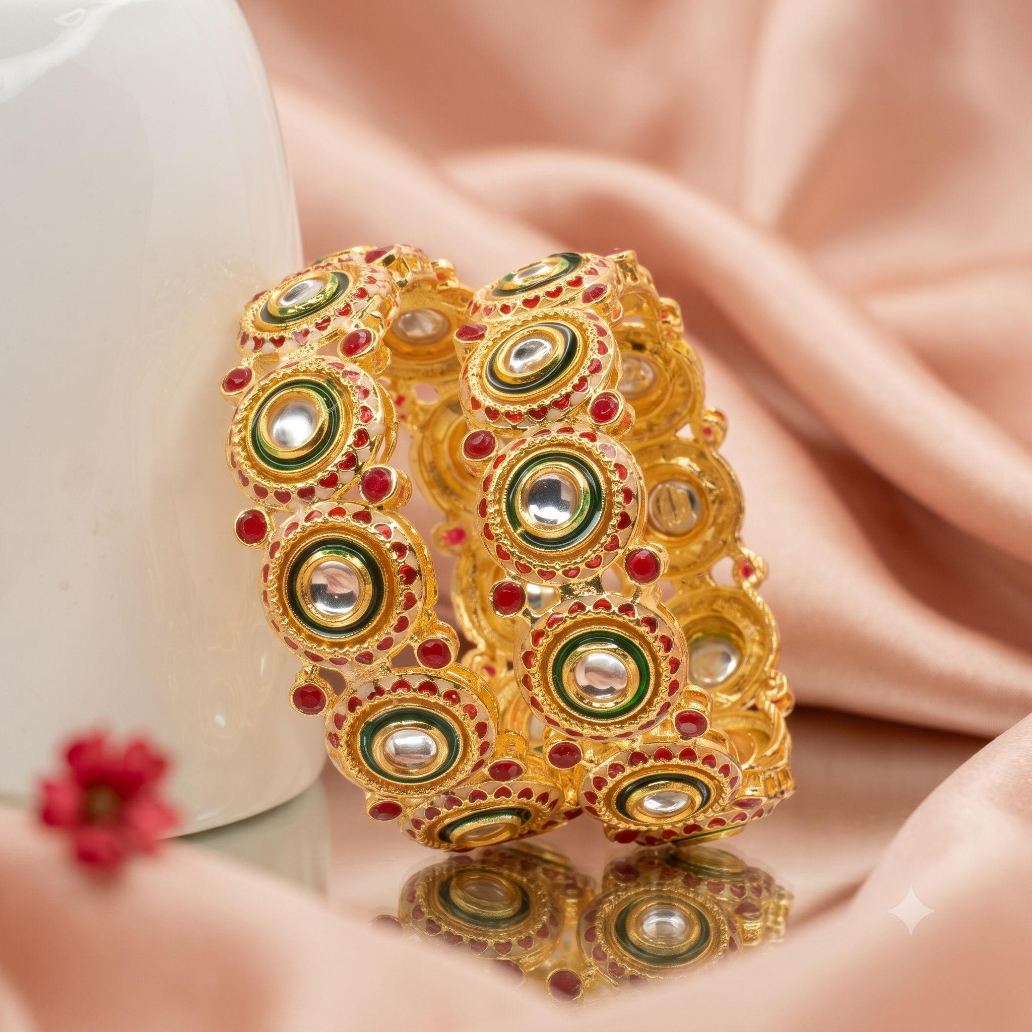 Premium Gold Plated Kundan Mirror Bangles Pair for Women Wedding Bridal Ethnic Party Wear