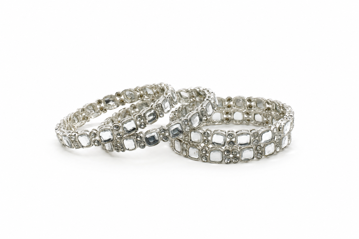 Rhodium-Plated Square Kundan Bangles Set of 4 with White Stones – Silver-Tone Party Wear