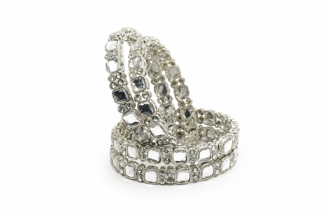 Rhodium-Plated Square Kundan Bangles Set of 4 with White Stones – Silver-Tone Party Wear