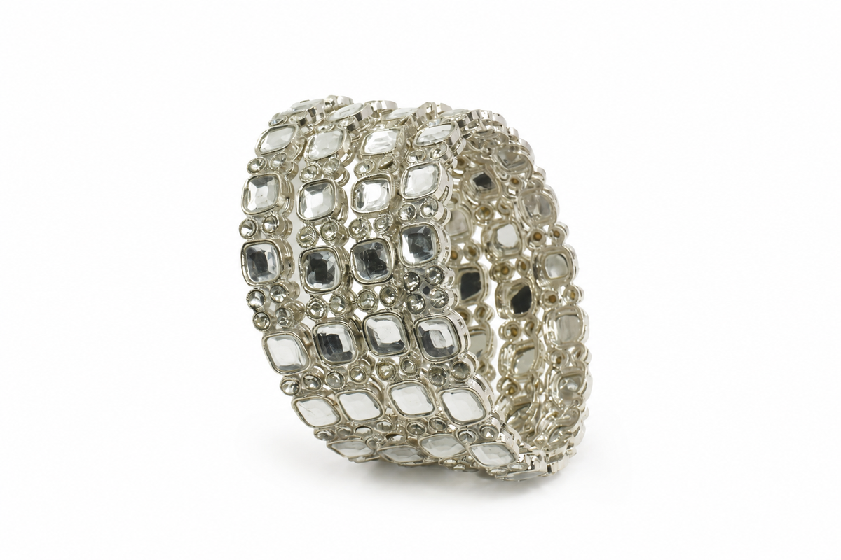 Rhodium-Plated Square Kundan Bangles Set of 4 with White Stones – Silver-Tone Party Wear