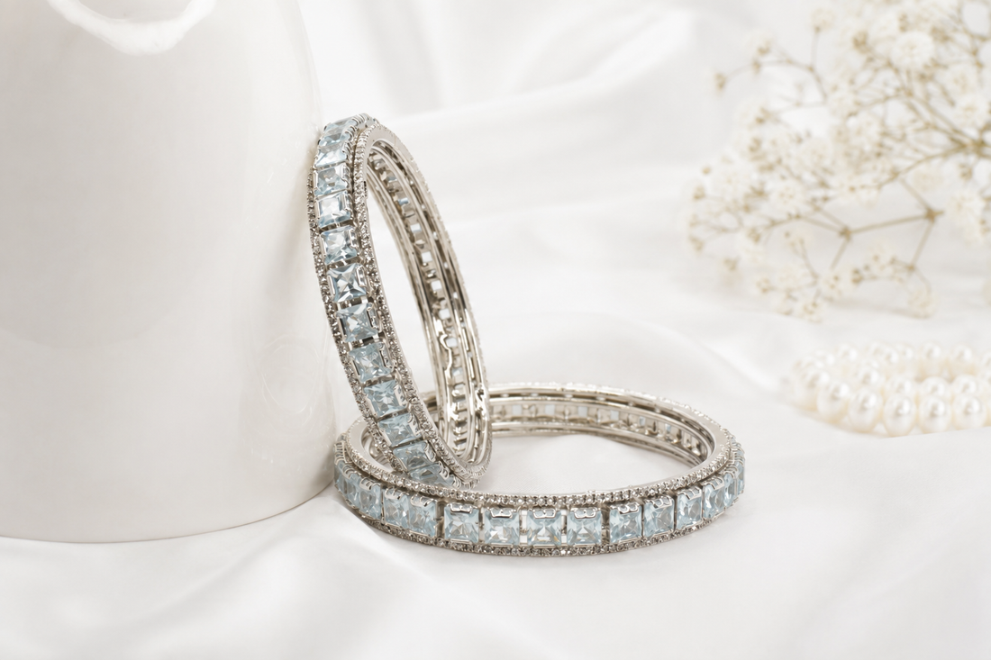 Rhodium Plated Aqua Blue Square Stone Bangles – Set of 2 | Elegant Party & Wedding Wear Bangles for Women