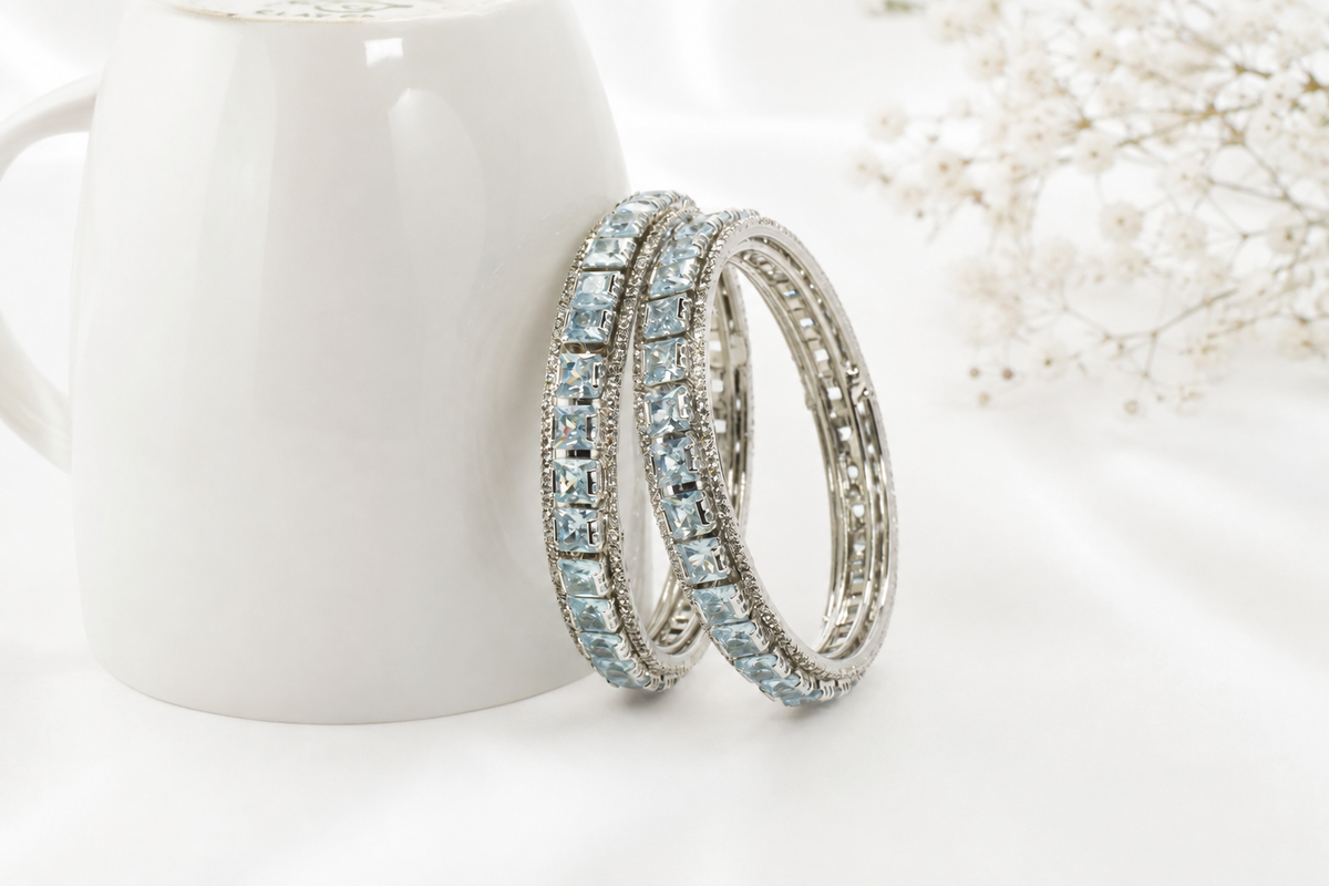 Rhodium Plated Aqua Blue Square Stone Bangles – Set of 2 | Elegant Party & Wedding Wear Bangles for Women