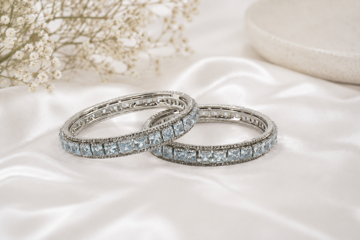 Rhodium Plated Aqua Blue Square Stone Bangles – Set of 2 | Elegant Party & Wedding Wear Bangles for Women