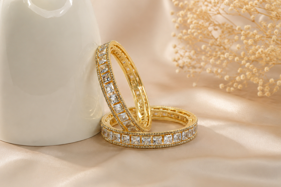 Gold Plated Square Crystal Stone Bangles – Set of 2 | Elegant Party & Wedding Wear Bangles for Women