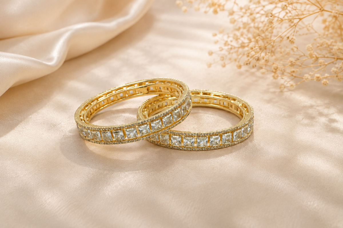 Gold Plated Square Crystal Stone Bangles – Set of 2 | Elegant Party & Wedding Wear Bangles for Women