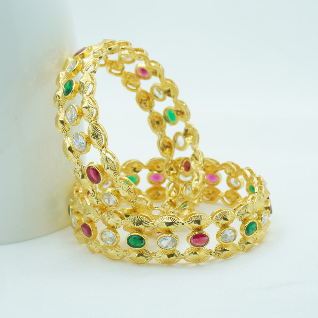 Gold-Plated Temple Design Bangles Set of 2 with Multicolor AD Stones – Traditional Ethnic Wear