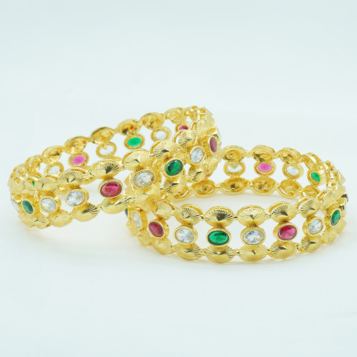 Gold-Plated Temple Design Bangles Set of 2 with Multicolor AD Stones – Traditional Ethnic Wear