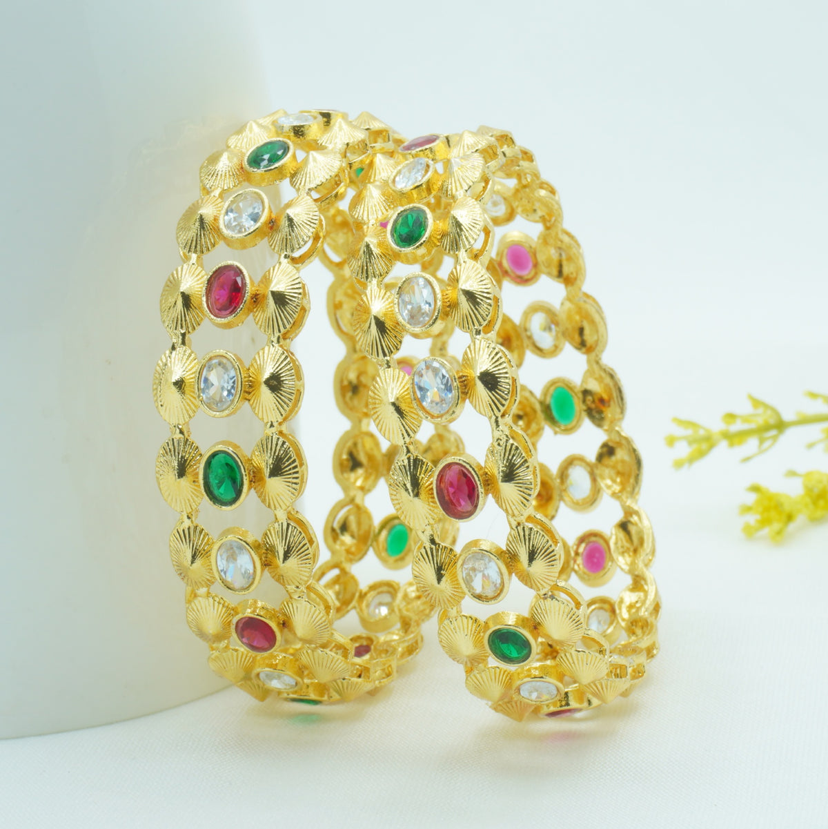 Gold-Plated Temple Design Bangles Set of 2 with Multicolor AD Stones – Traditional Ethnic Wear