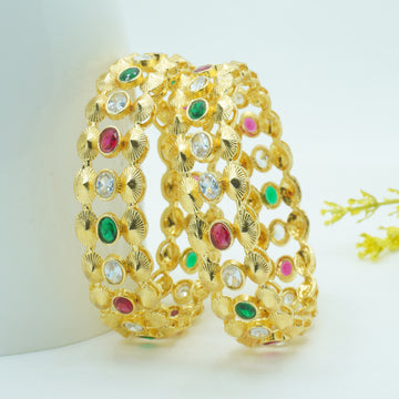 Gold-Plated Temple Design Bangles Set of 2 with Multicolor AD Stones – Traditional Ethnic Wear