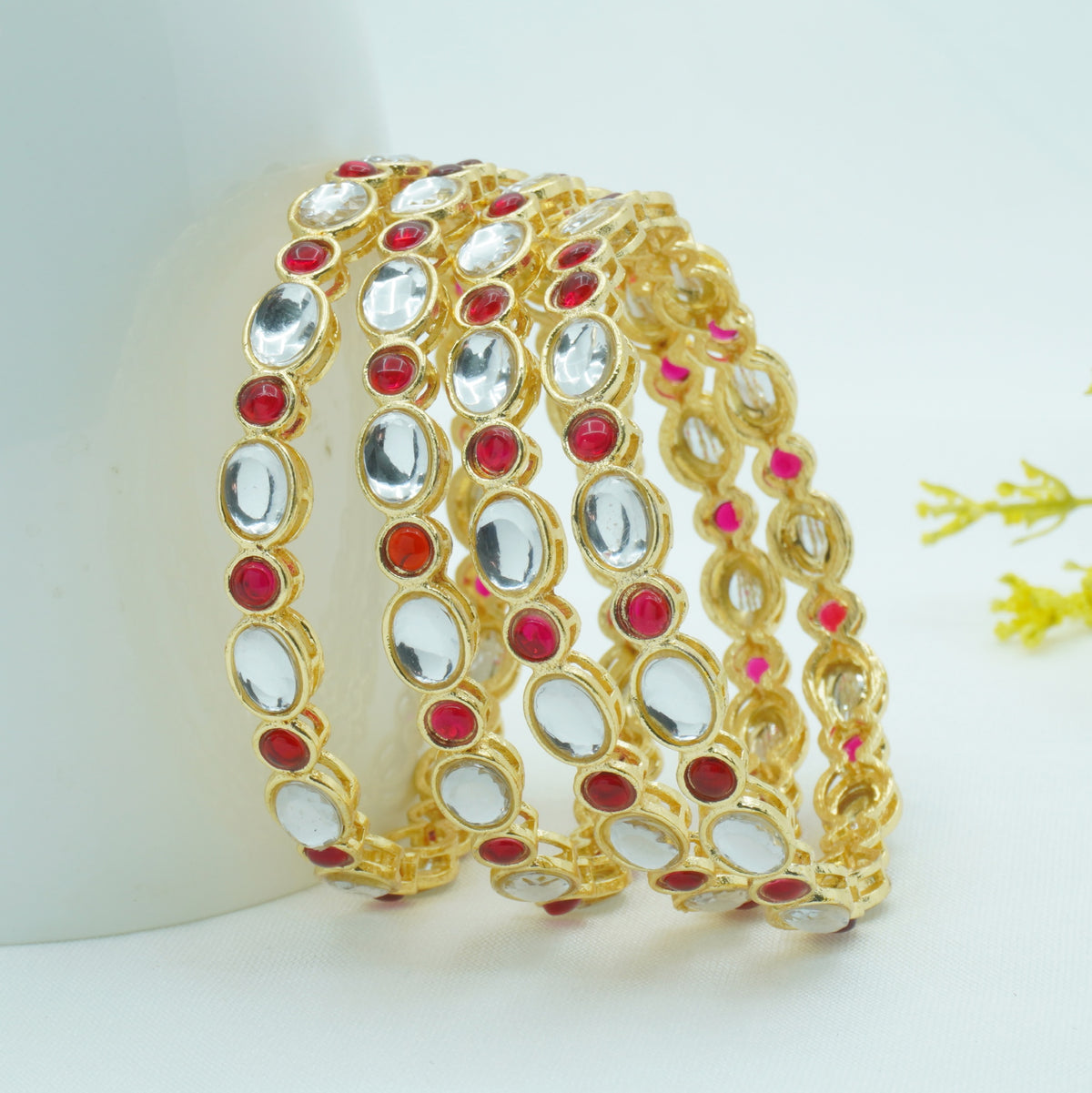 Gold-Plated Kundan Bangles Set of 4 with Ruby Stones – Traditional Ethnic Wear