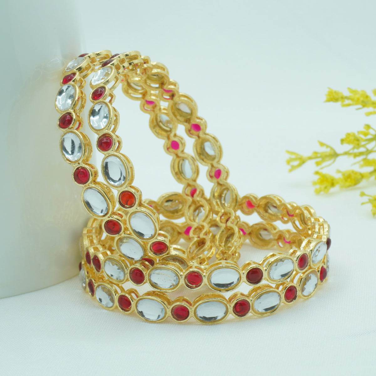 Gold-Plated Kundan Bangles Set of 4 with Ruby Stones – Traditional Ethnic Wear