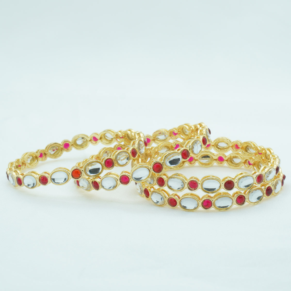 Gold-Plated Kundan Bangles Set of 4 with Ruby Stones – Traditional Ethnic Wear