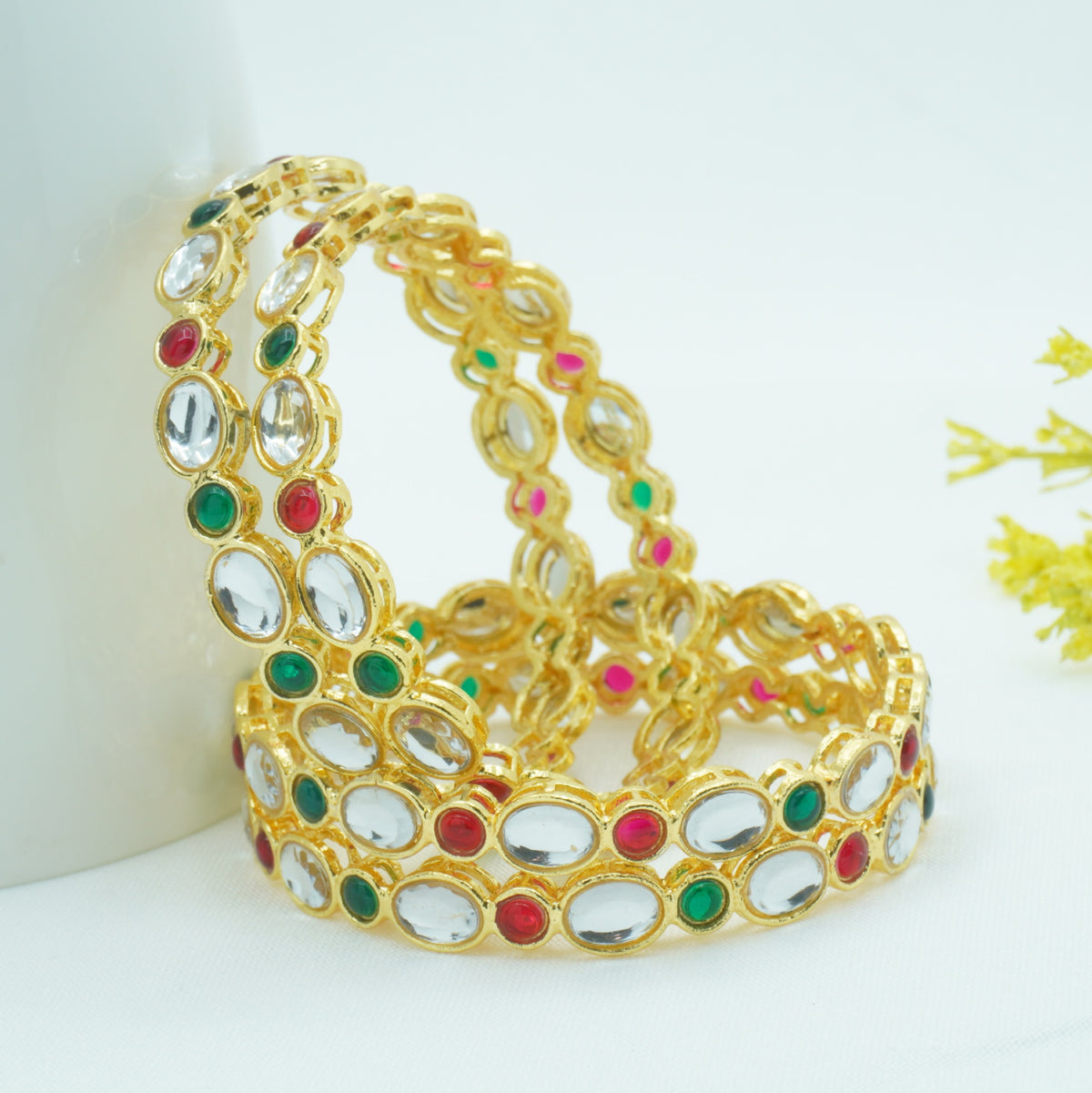 Gold-Plated Kundan Bangles Set of 4 with Ruby & Green Emerald Stones – Traditional Ethnic Wear
