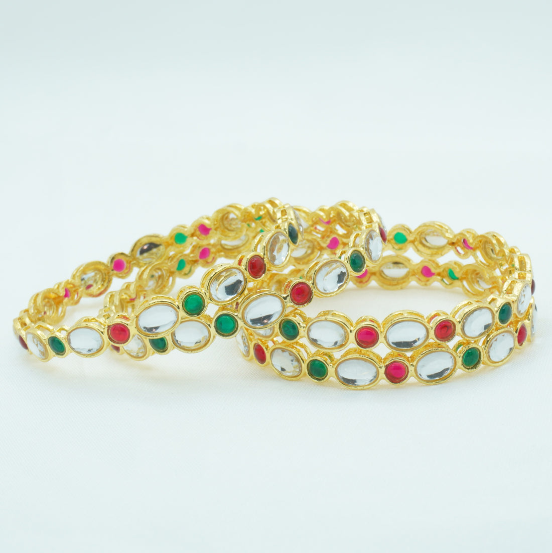 Gold-Plated Kundan Bangles Set of 4 with Ruby & Green Emerald Stones – Traditional Ethnic Wear