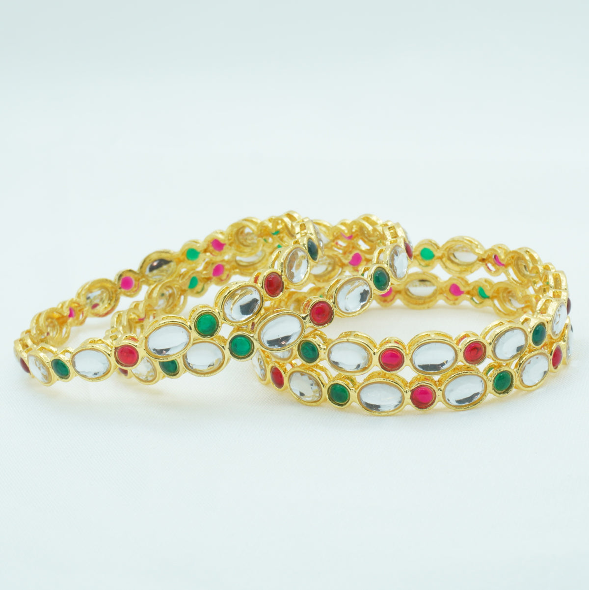 Gold-Plated Kundan Bangles Set of 4 with Ruby & Green Emerald Stones – Traditional Ethnic Wear