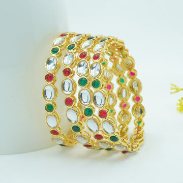 Gold-Plated Kundan Bangles Set of 4 with Ruby & Green Emerald Stones – Traditional Ethnic Wear
