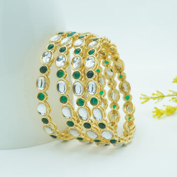 Gold-Plated Kundan Bangles Set of 4 with Emerald Green Stones – Traditional Ethnic Wear