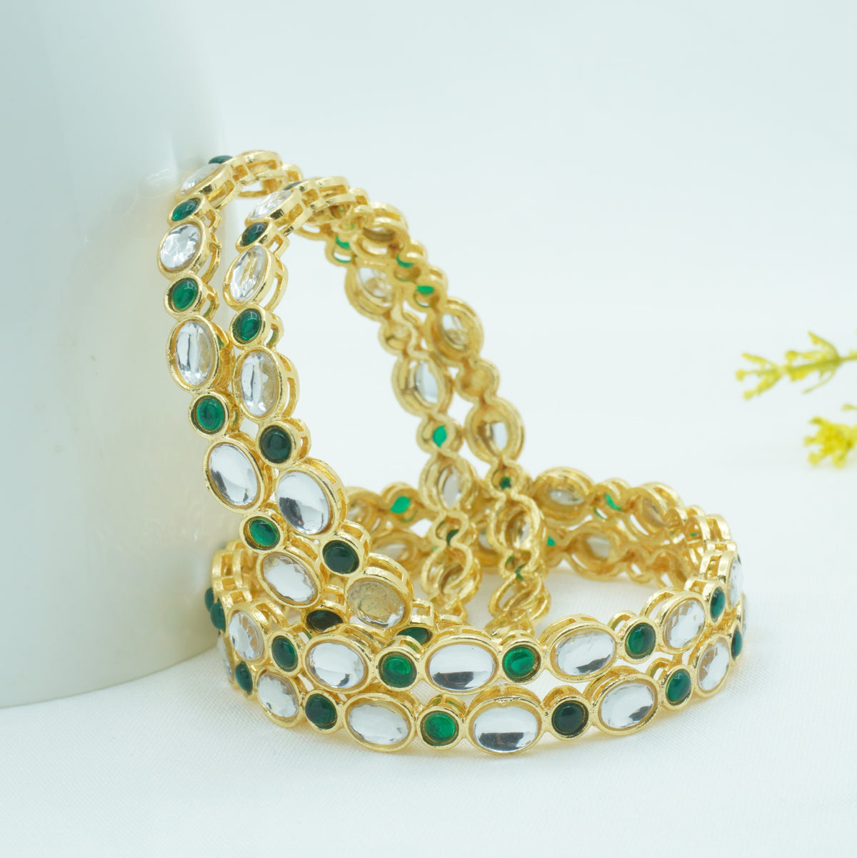 Gold-Plated Kundan Bangles Set of 4 with Emerald Green Stones – Traditional Ethnic Wear