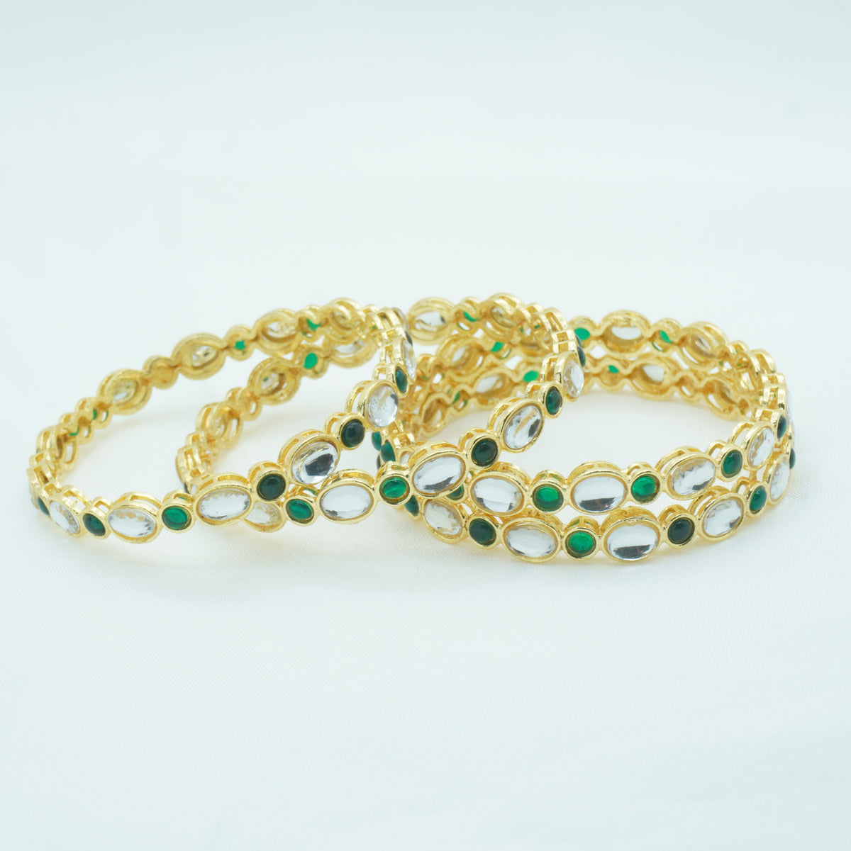Gold-Plated Kundan Bangles Set of 4 with Emerald Green Stones – Traditional Ethnic Wear