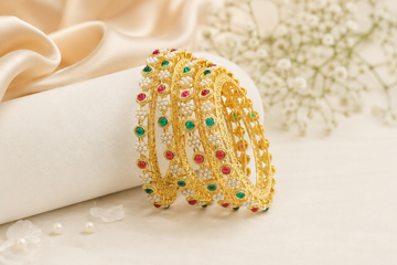 Gold-Plated Kundan Bangles Set of 4 with Ruby & Emerald Green Stones – Filigree Jali Traditional Wear