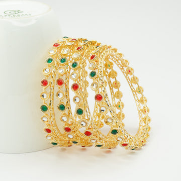Gold-Plated Kundan Bangles Set of 4 with Ruby & Emerald Green Stones – Traditional Wear