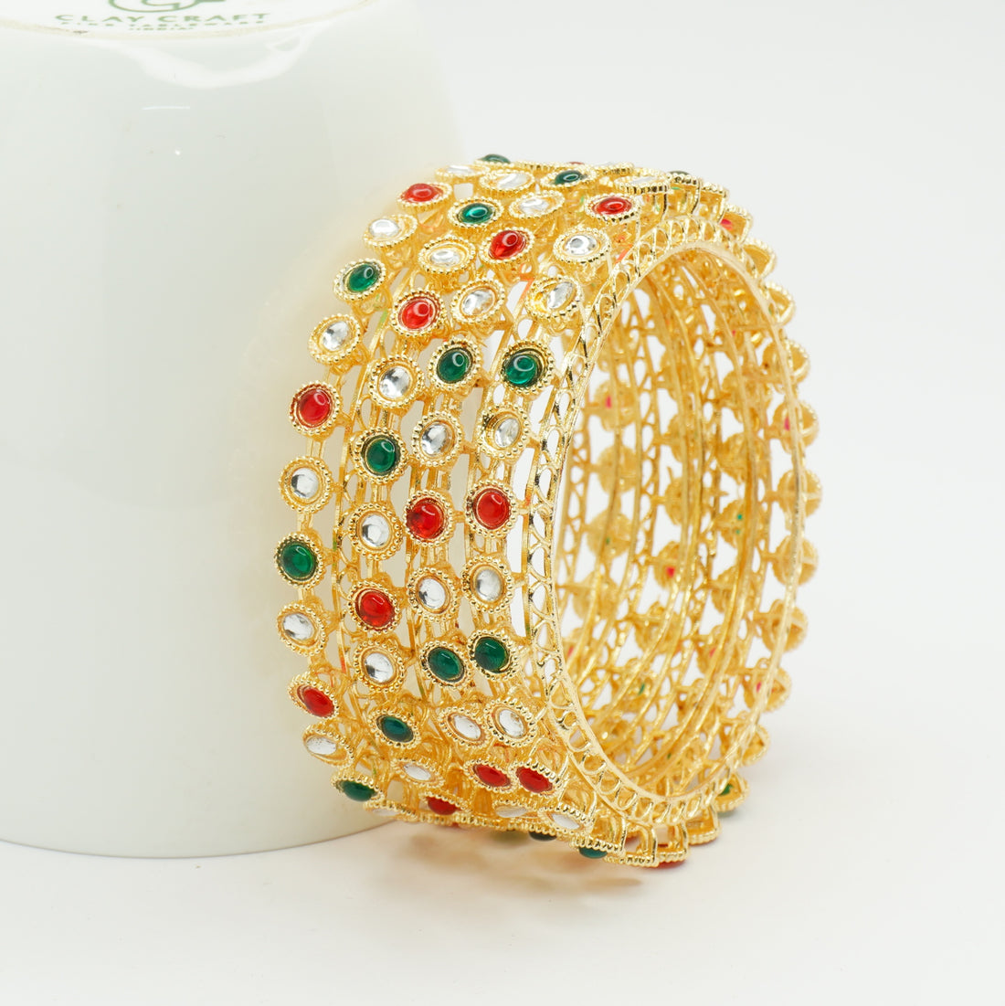 Gold-Plated Kundan Bangles Set of 4 with Ruby & Emerald Green Stones – Traditional Wear