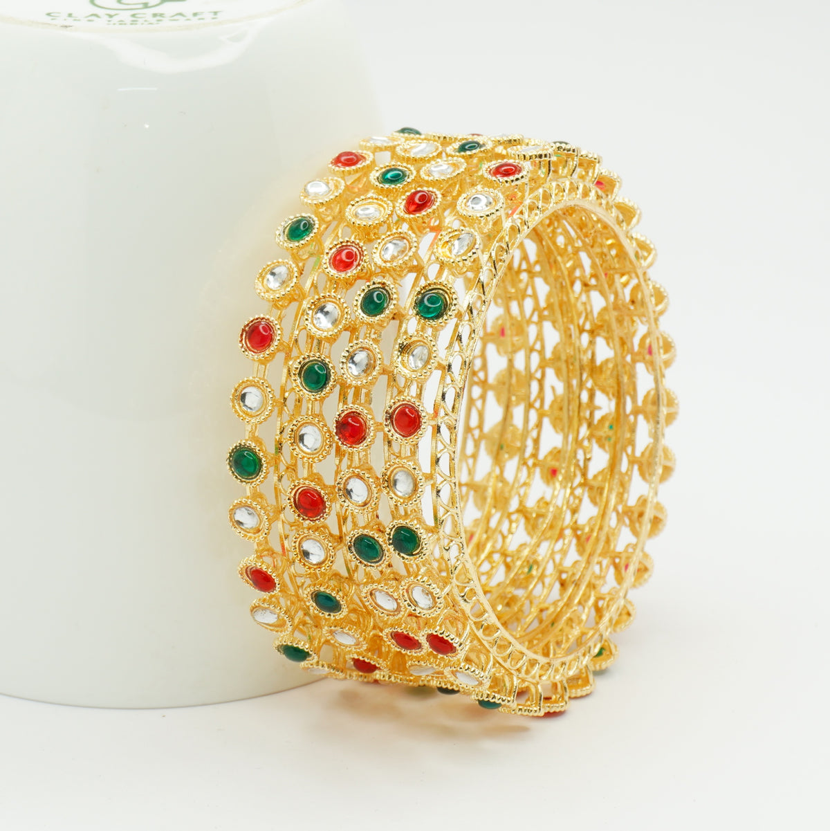 Gold-Plated Kundan Bangles Set of 4 with Ruby & Emerald Green Stones – Traditional Wear