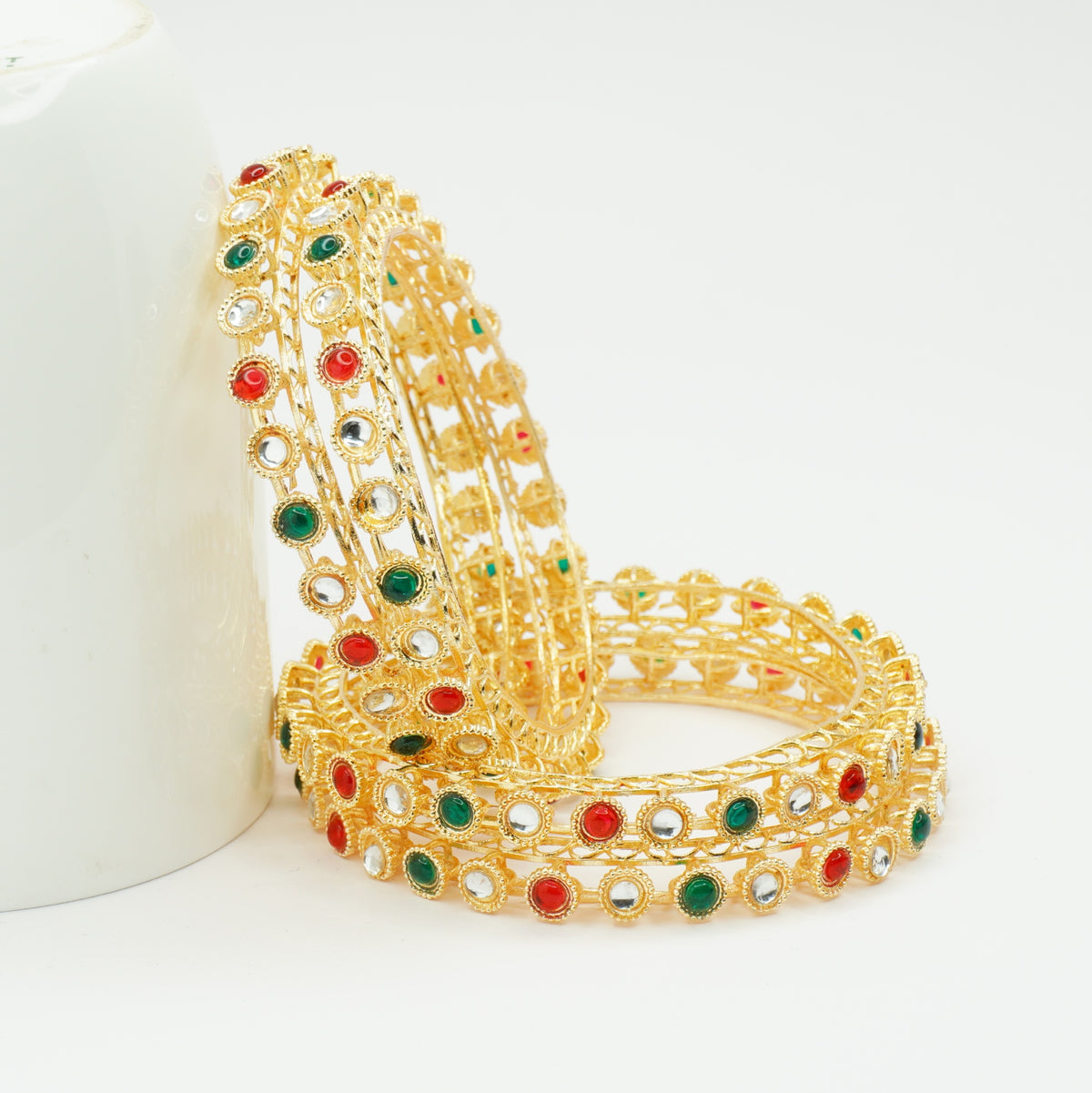 Gold-Plated Kundan Bangles Set of 4 with Ruby & Emerald Green Stones – Traditional Wear