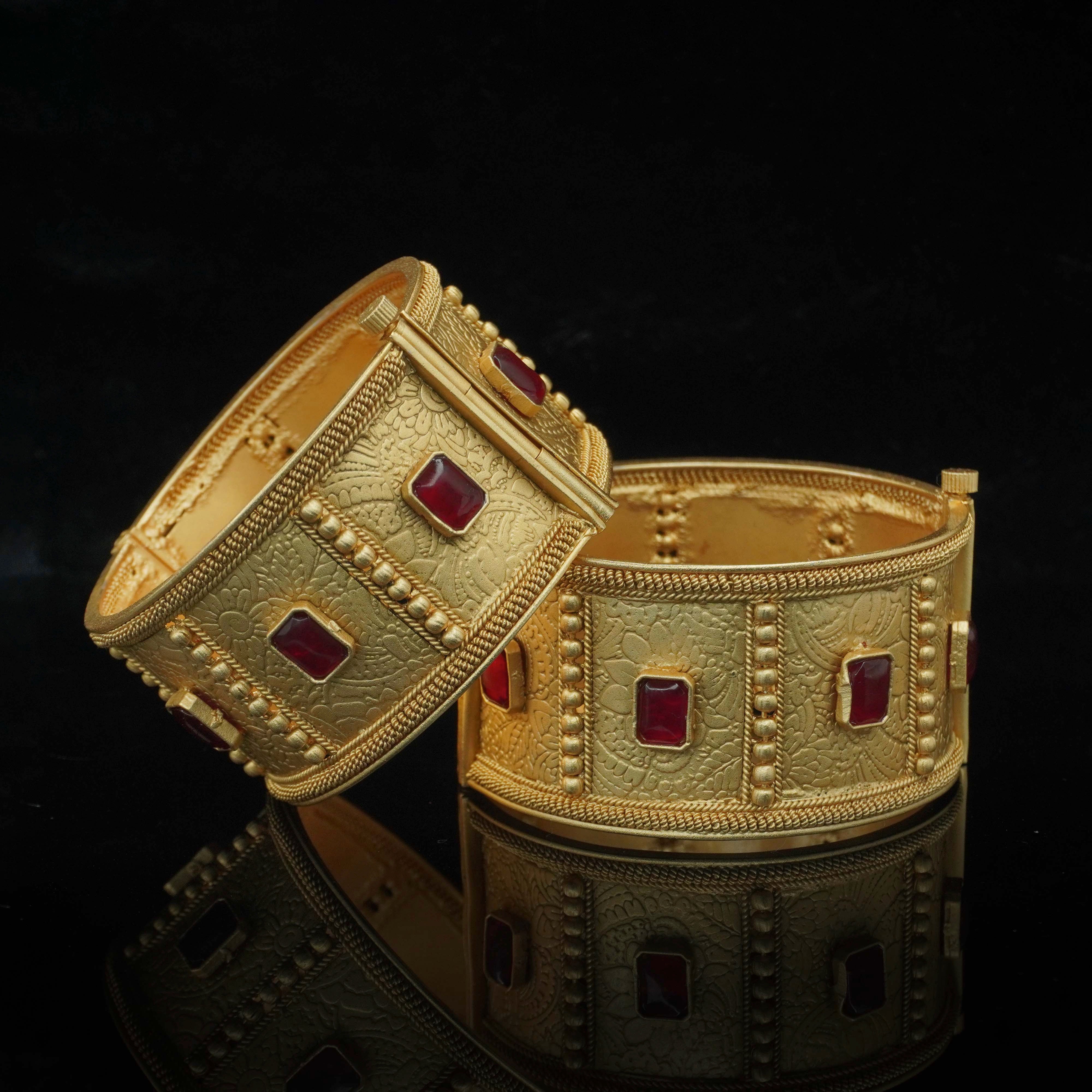 Gold Plated Antique Ruby Stone Broad Kangan Bangles Pair for Women Bridal Wedding Ethnic Wear