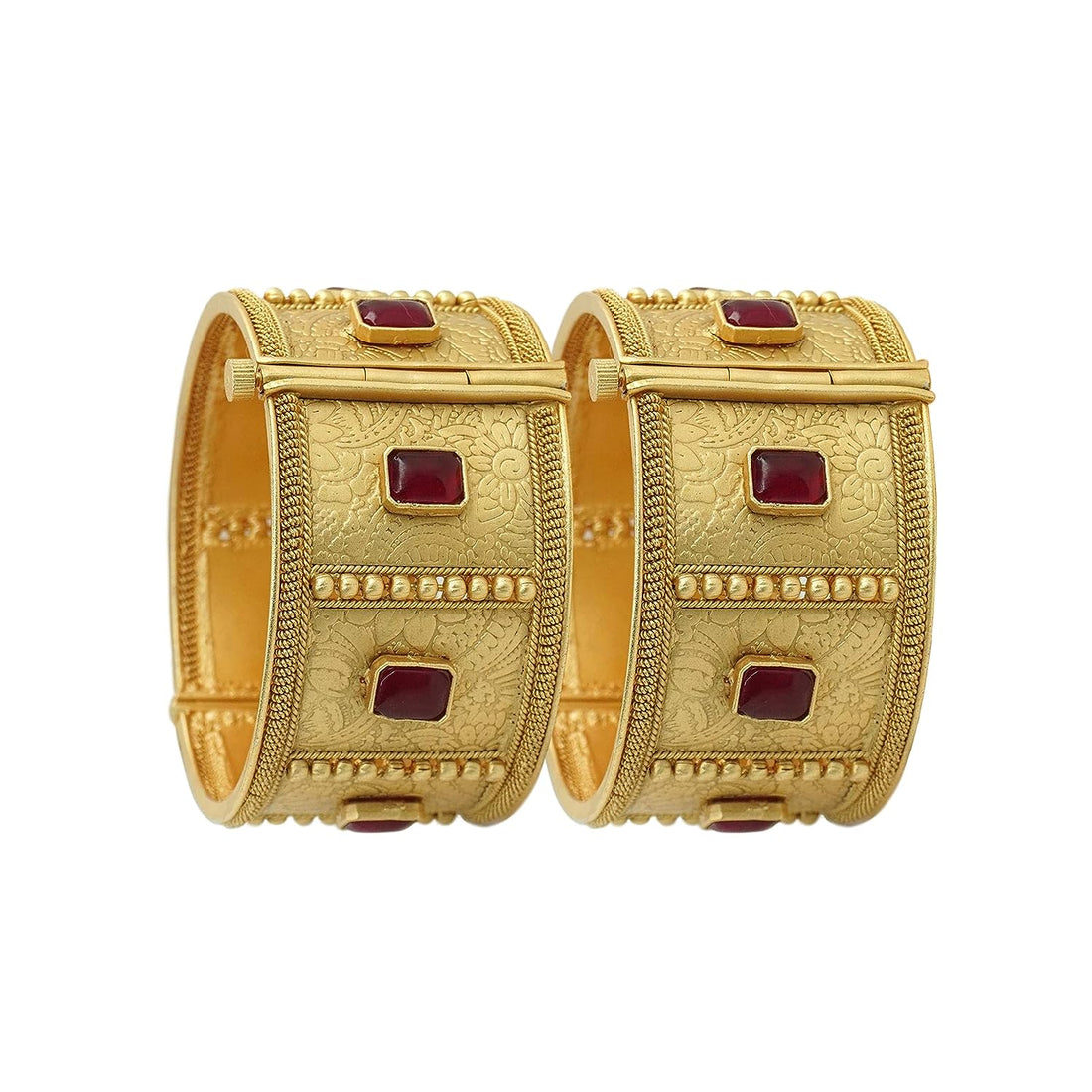 Gold Plated Antique Ruby Stone Broad Kangan Bangles Pair for Women Bridal Wedding Ethnic Wear