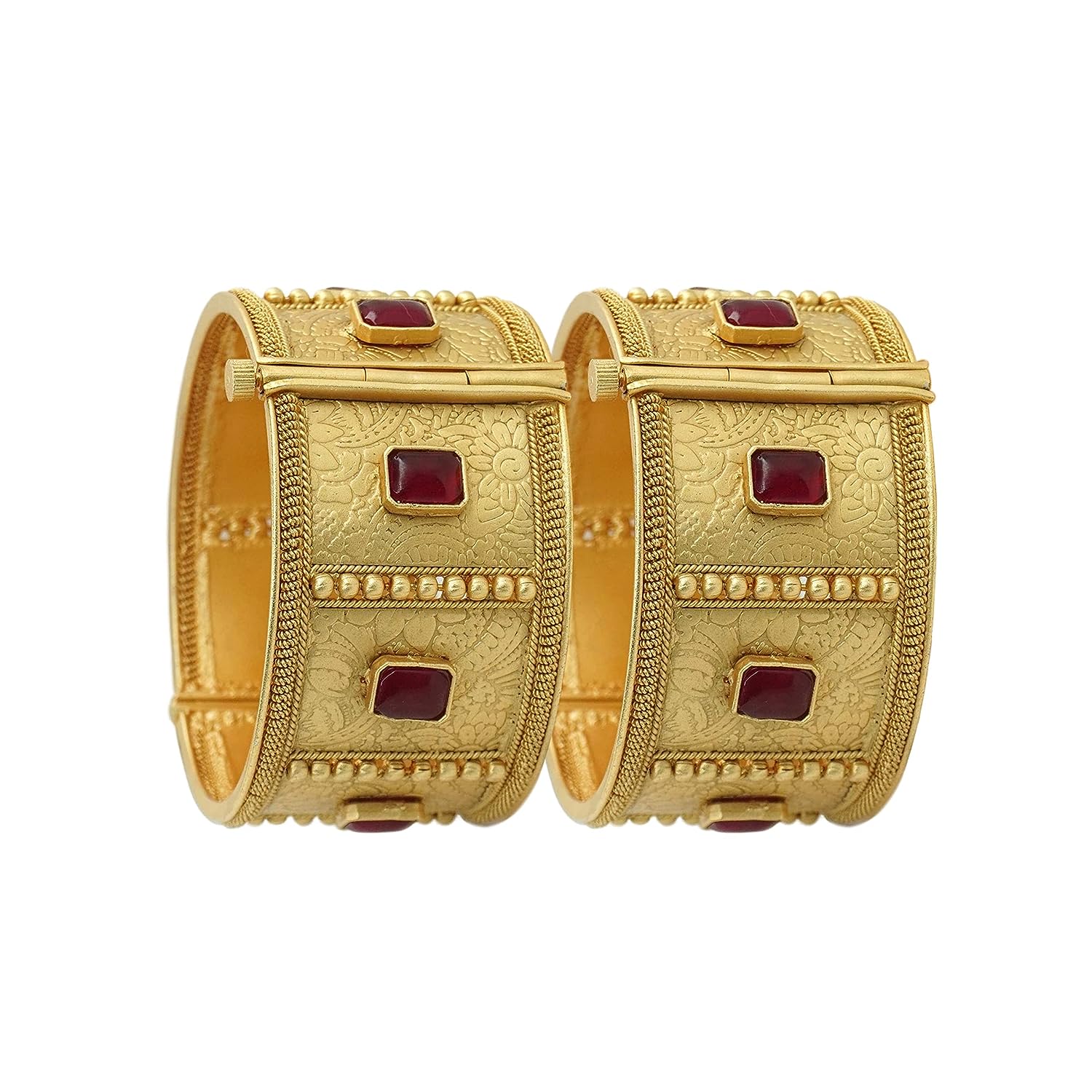 Gold Plated Antique Ruby Stone Broad Kangan Bangles Pair for Women Bridal Wedding Ethnic Wear