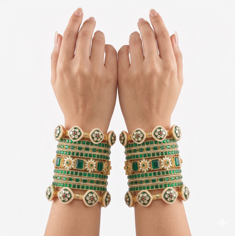 Bridal Chooda Set Gold Plated Kundan Green Chooda for Women Wedding Wear