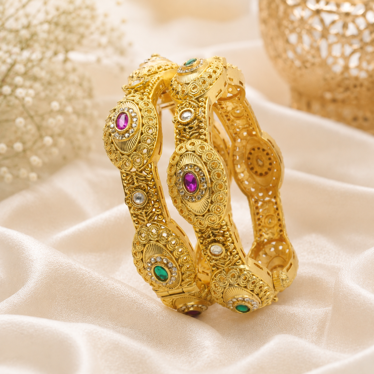 Designer Gold Plated Kundan AD Openable Kangan Pair for Women Traditional Bridal Wedding Bangles