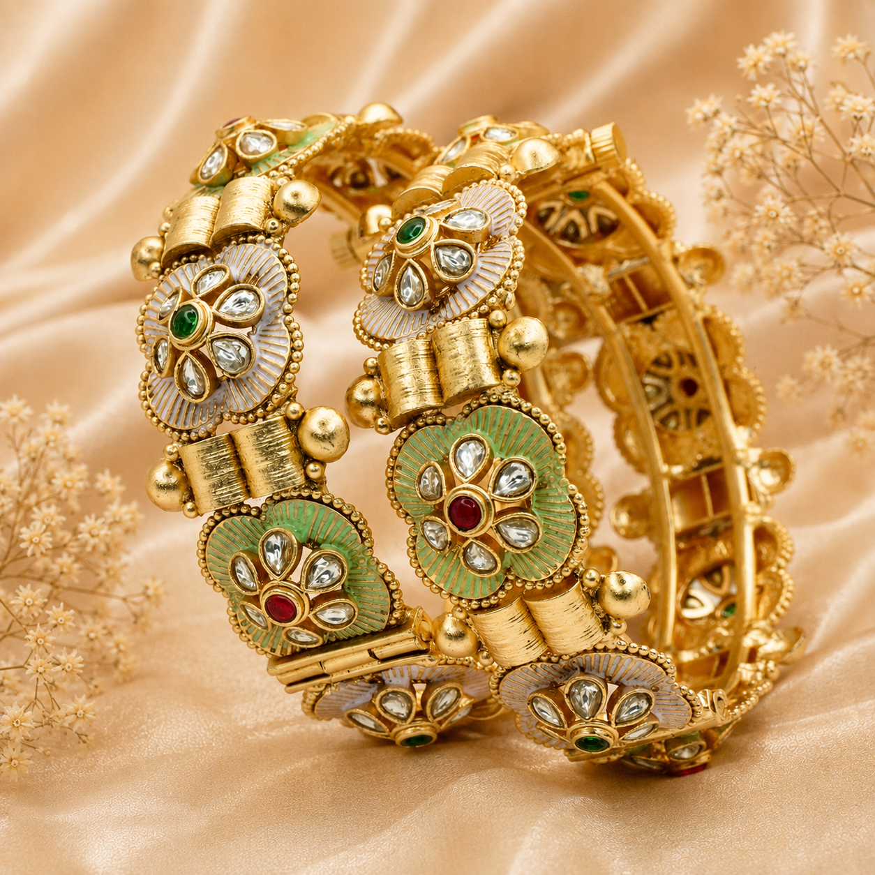Traditional Bridal Kundan Meenakari Openable Kangan Pair Gold Plated Wedding Bangles for Women