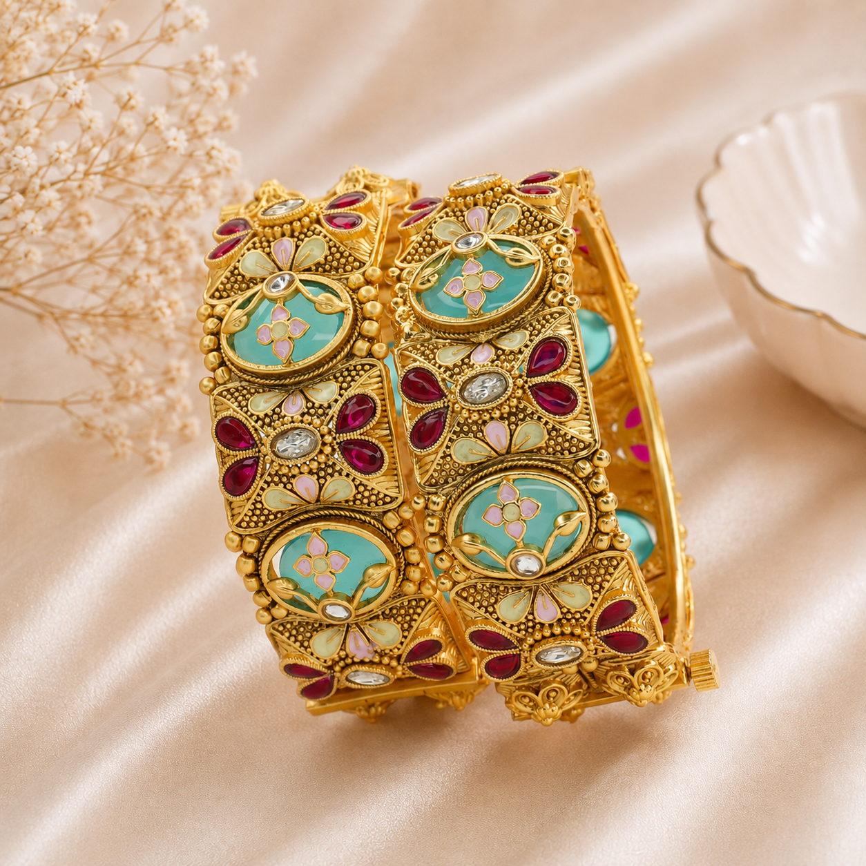 Designer Gold Plated Meenakari Ruby AD Floral Openable Kangan Bangles Pair for Women Bridal Wedding Traditional Ethnic Party Wear