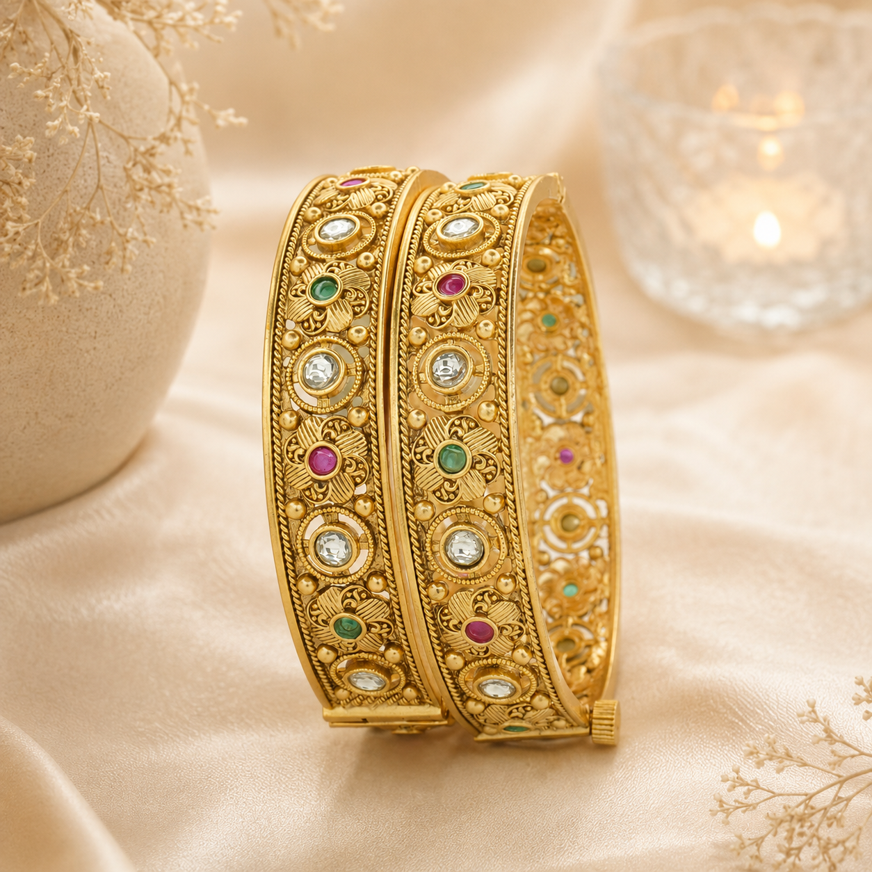 Traditional Gold Tone Kundan Stone Bridal Kangan Bangles Pair for Women - Indian Wedding Jewelry