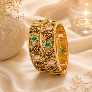 Designer Gold Plated Bridal Bangles Pair for Women – Traditional Floral Stone Wedding Kangan