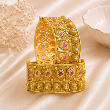 Designer Gold Plated Ruby AD Filigree Openable Kangan Bangles Pair for Women Bridal Wedding Traditional Ethnic Party Wear
