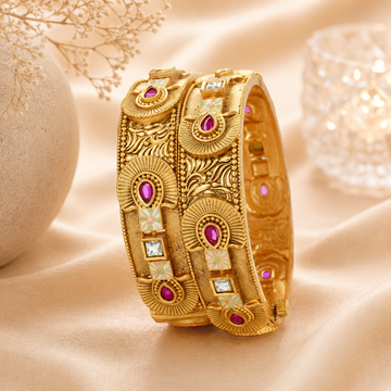 Indian Gold Tone Meenakari Stone Bangles Pair - Traditional Ethnic Wedding Jewelry for Women