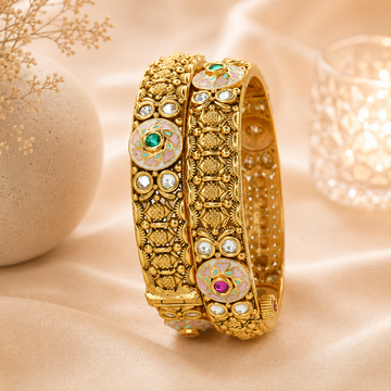 Traditional Indian Meenakari Kundan Style Bangles Pair – Antique Gold Tone Ethnic Jewelry for Women
