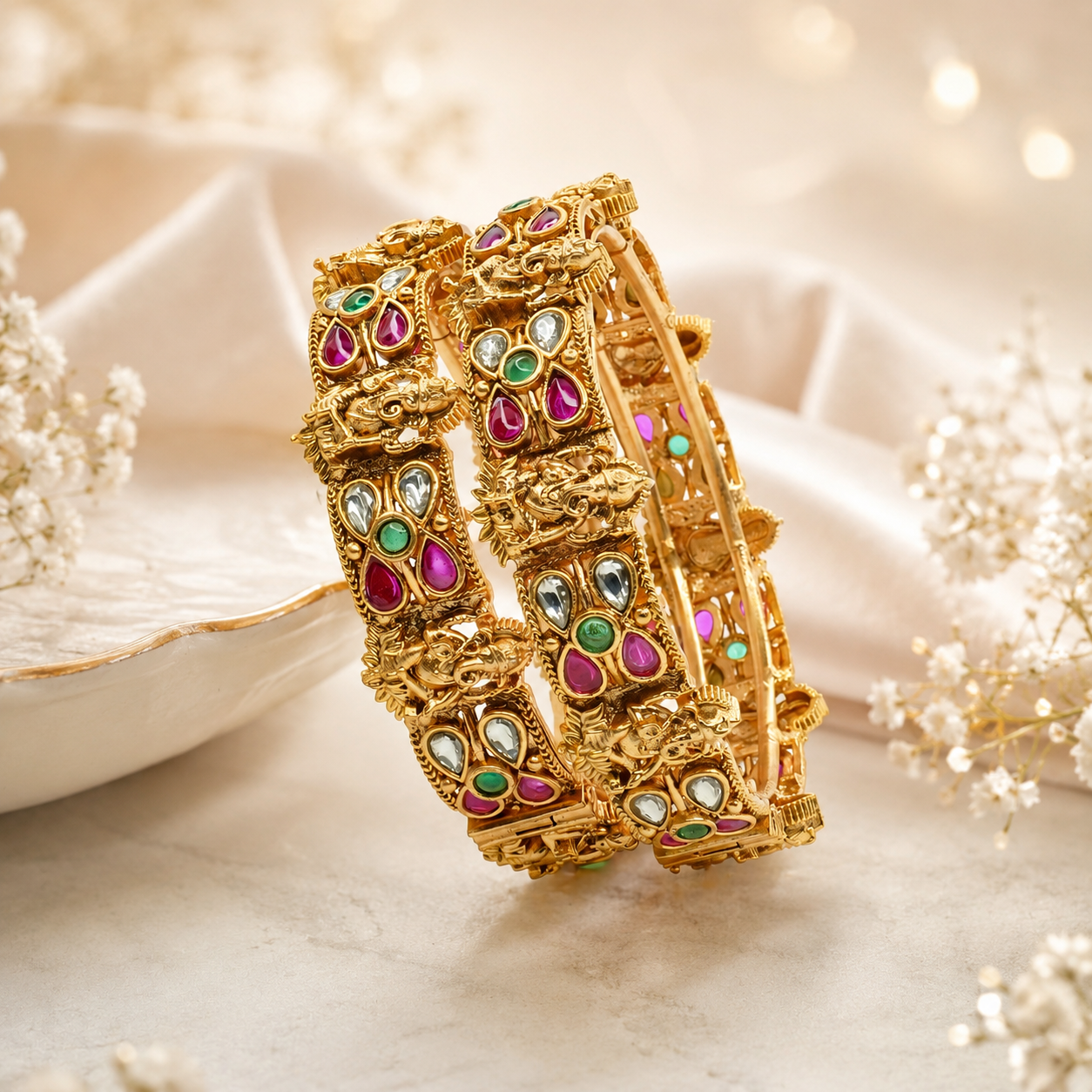 Bridal Temple Elephant Kundan Kangan Bangles Pair Gold Plated Traditional Wedding Jewellery