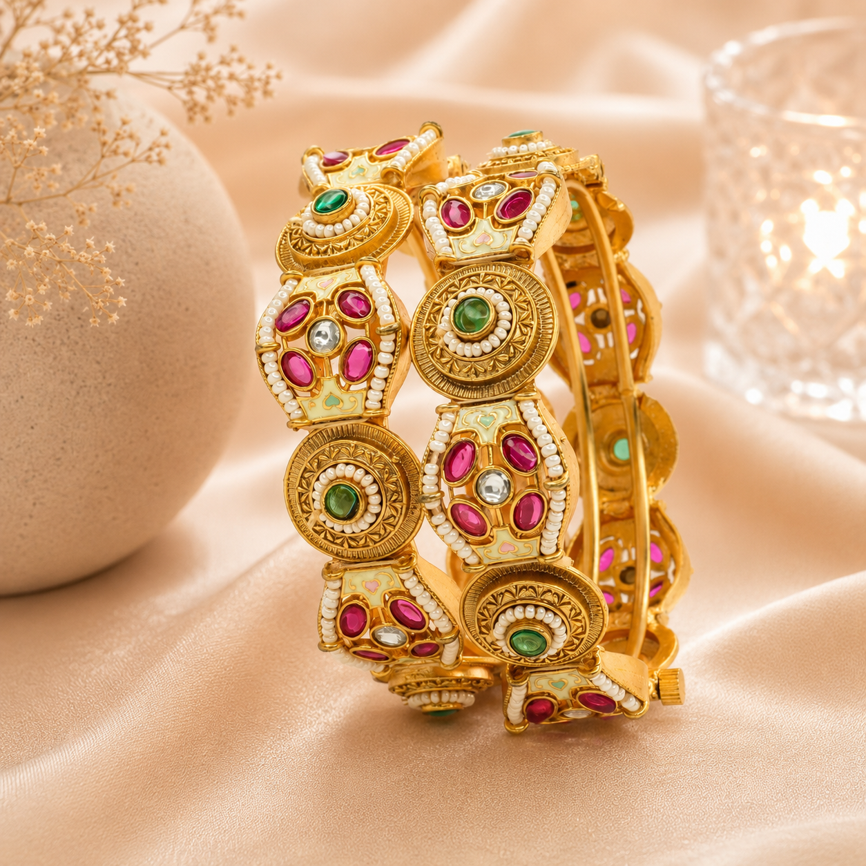 Bridal Gold Plated Kundan Meenakari Kangan Bangles Pair for Women – Indian Wedding Jewelry