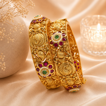 Premium Temple Bangles for Women - Luxury Gold Plated Ruby Pearl Bridal Kangan Pair
