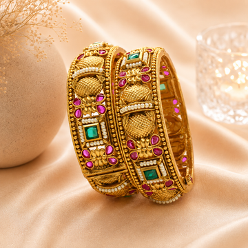 Gold Plated Ruby Green Stone Pearl Kangan Bangles Pair for Women – Traditional Bridal Wedding Jewelry