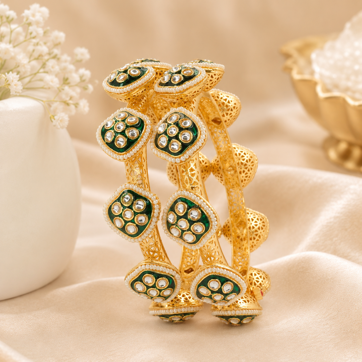 Trending Gold Plated Green Kundan Bangles – Luxury Bridal Wedding Kangan for Women